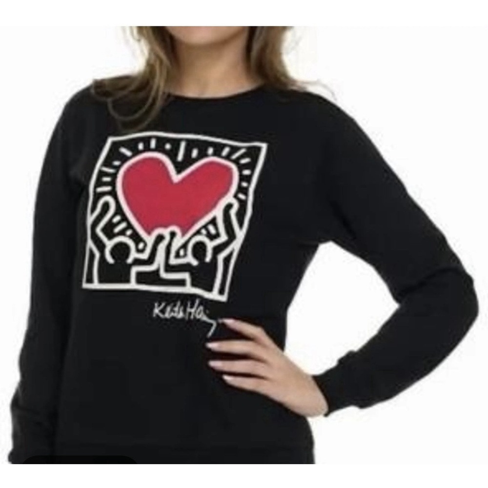 Keith Haring Heart Graphic Sweatshirt M Black Crewneck Pop Art Pullover